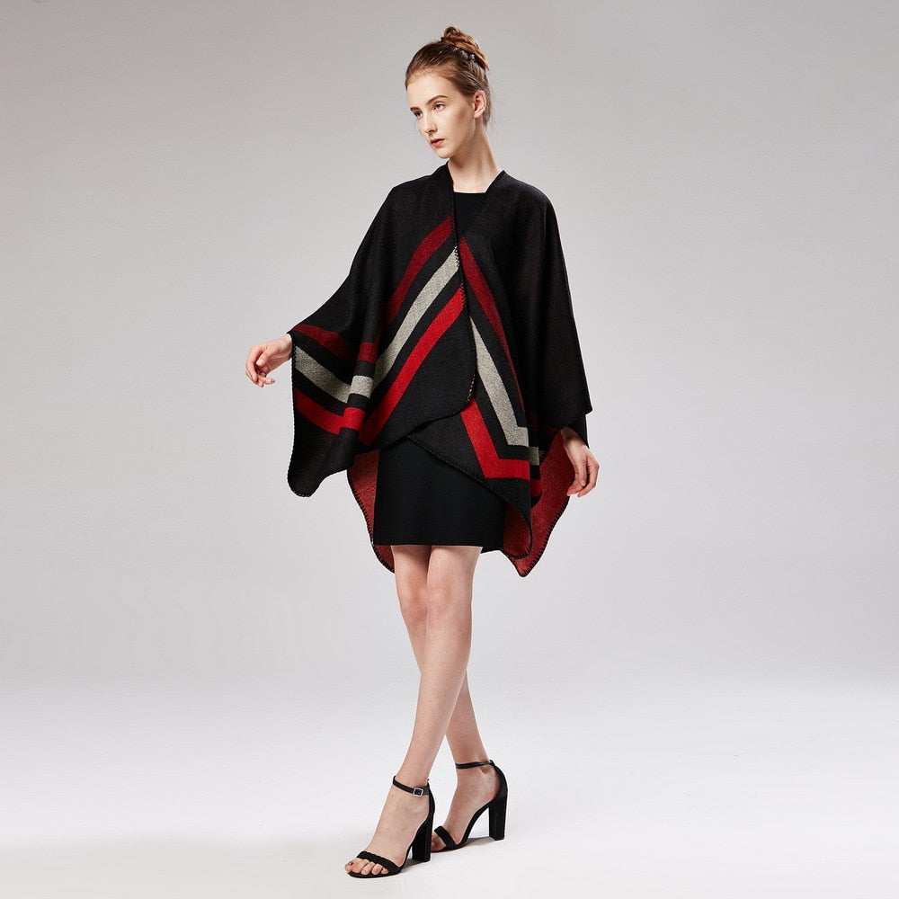 women striped print reversible thicker blanket poncho cape