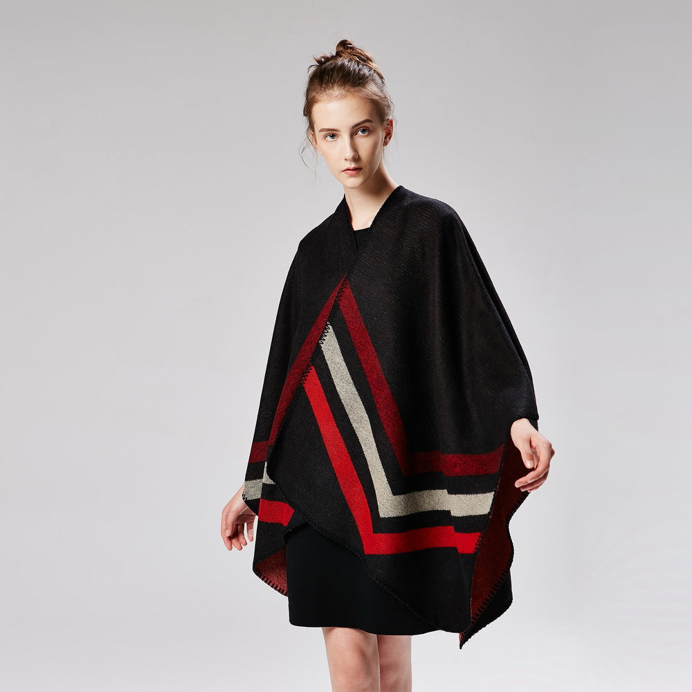 women striped print reversible thicker blanket poncho cape