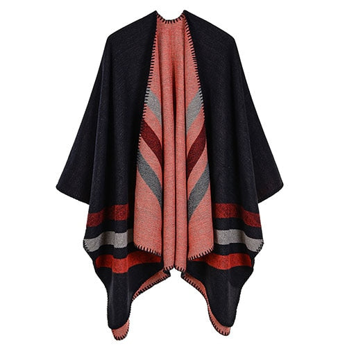 women striped print reversible thicker blanket poncho cape