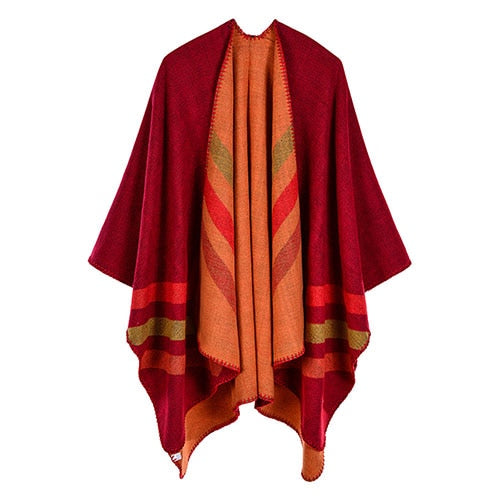 women striped print reversible thicker blanket poncho cape