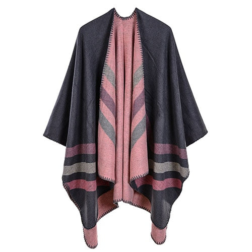 women striped print reversible thicker blanket poncho cape