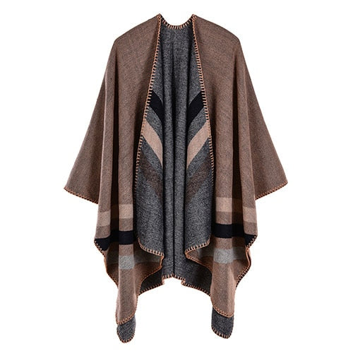 women striped print reversible thicker blanket poncho cape