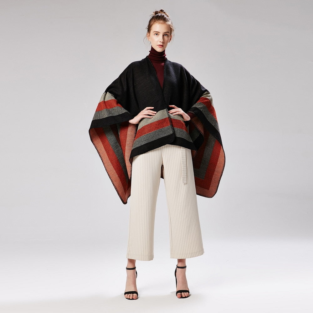 New fashion women winter warmer shawl ladies large stripe wraps poncho capes