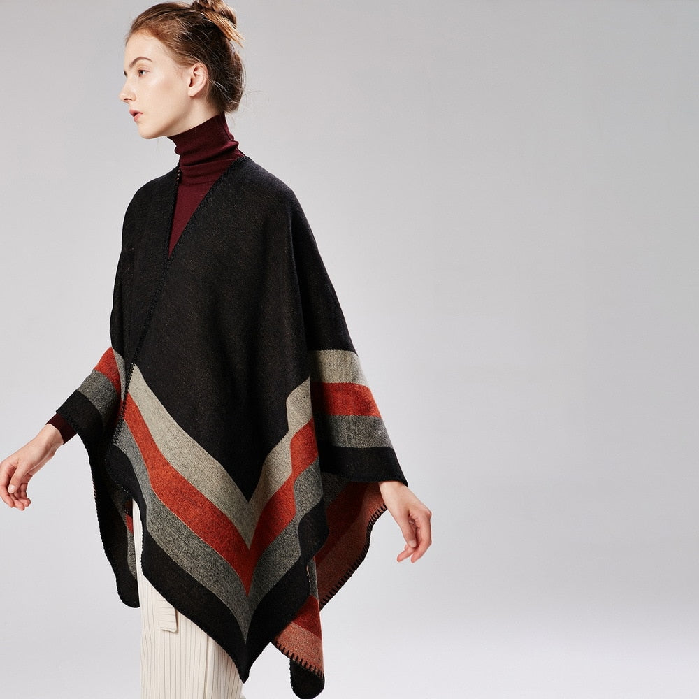 New fashion women winter warmer shawl ladies large stripe wraps poncho capes