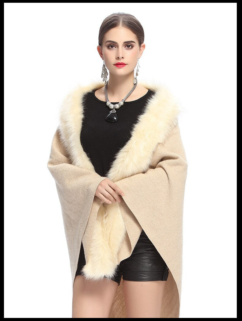 SC67 Womens Fake Fur Collar Back Long Poncho Cape Cardigan Bridal Wedding Dress Shawl Cape 2018 Winter Lady Wool Vest Fur Coat