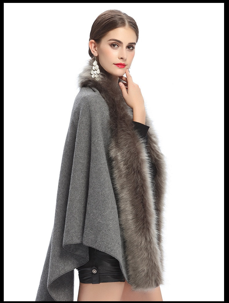 SC67 Womens Fake Fur Collar Back Long Poncho Cape Cardigan Bridal Wedding Dress Shawl Cape 2018 Winter Lady Wool Vest Fur Coat