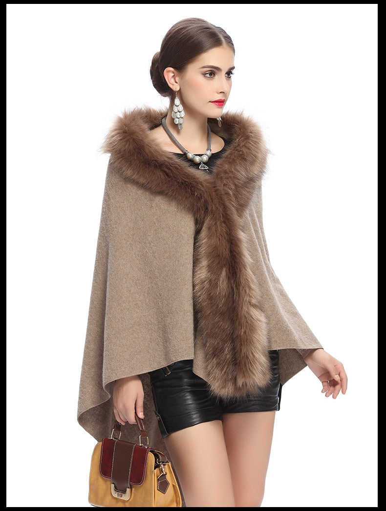 SC67 Womens Fake Fur Collar Back Long Poncho Cape Cardigan Bridal Wedding Dress Shawl Cape 2018 Winter Lady Wool Vest Fur Coat