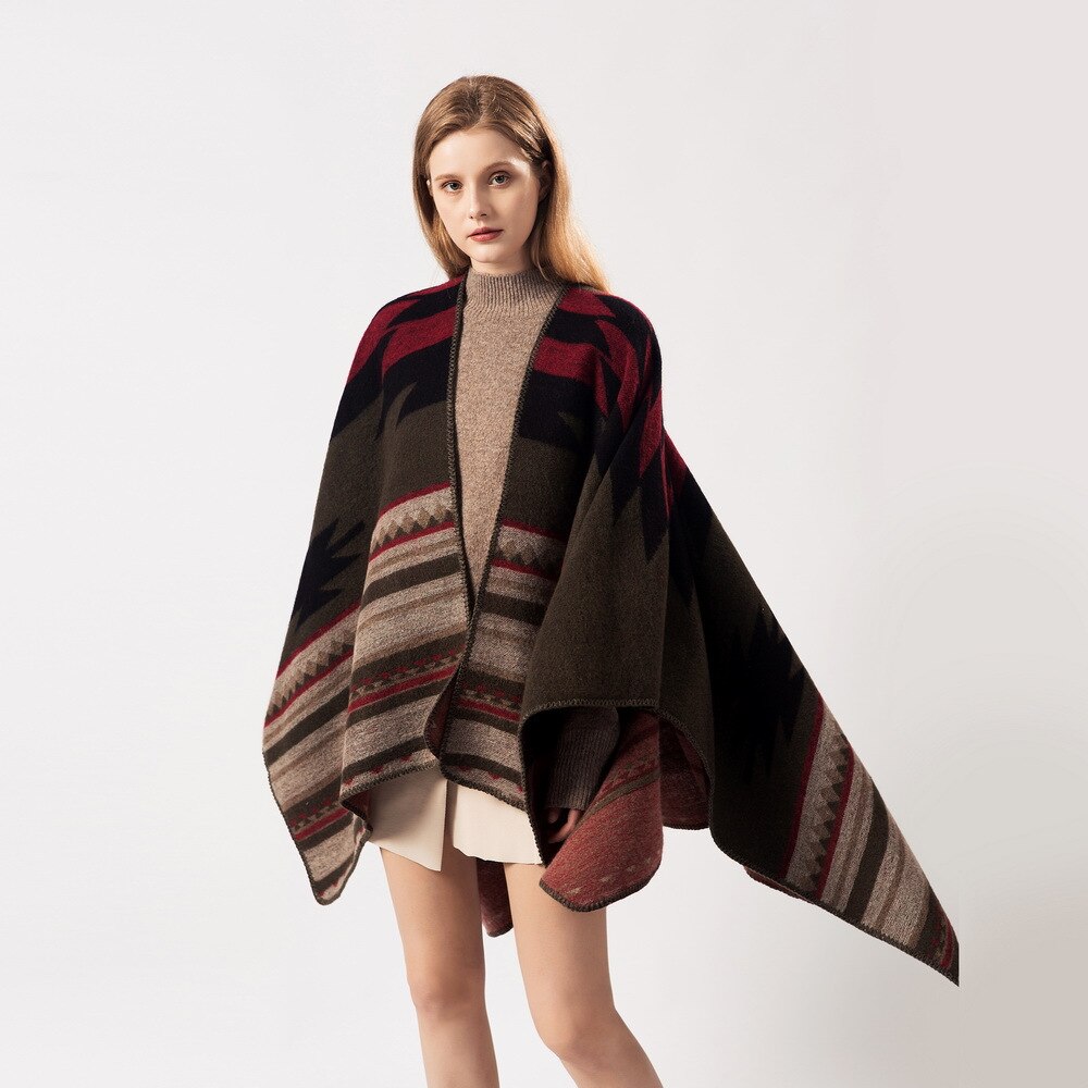 Geometric stripe poncho winter warm cape shawl wraps