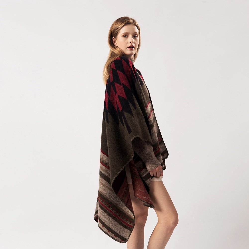 Geometric stripe poncho winter warm cape shawl wraps