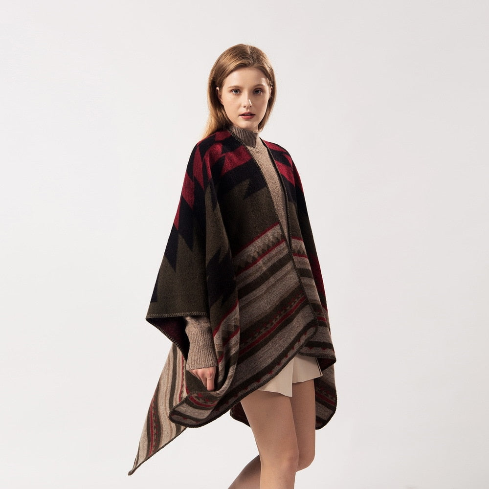 Geometric stripe poncho winter warm cape shawl wraps