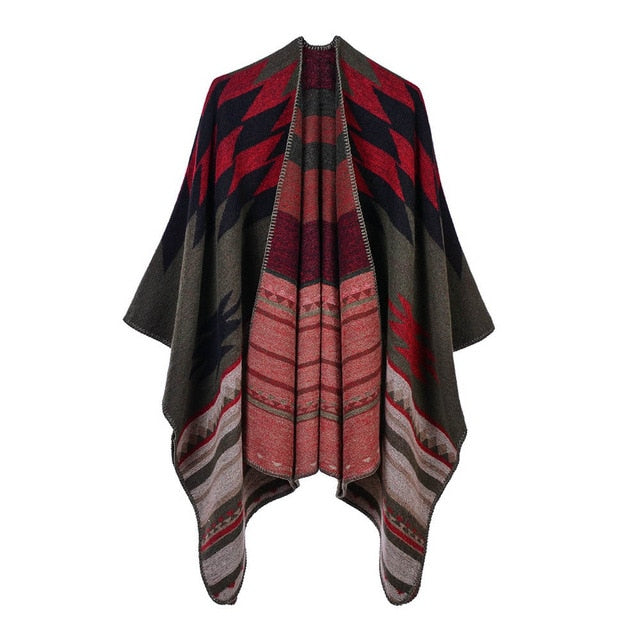 Geometric stripe poncho winter warm cape shawl wraps