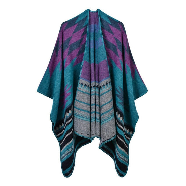 Geometric stripe poncho winter warm cape shawl wraps