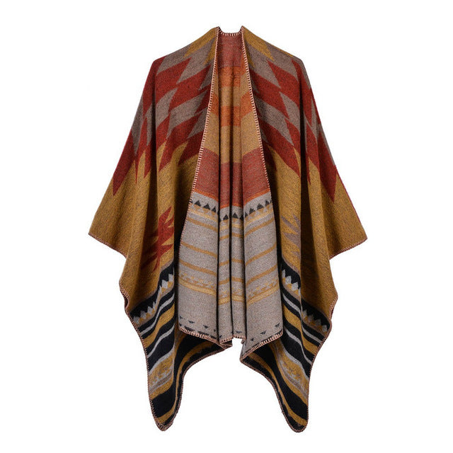 Geometric stripe poncho winter warm cape shawl wraps
