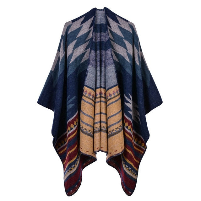 Geometric stripe poncho winter warm cape shawl wraps