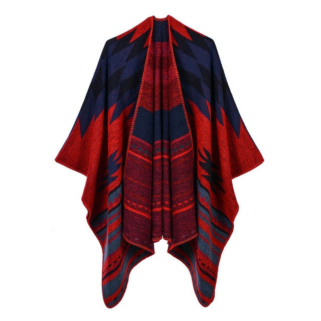 Geometric stripe poncho winter warm cape shawl wraps
