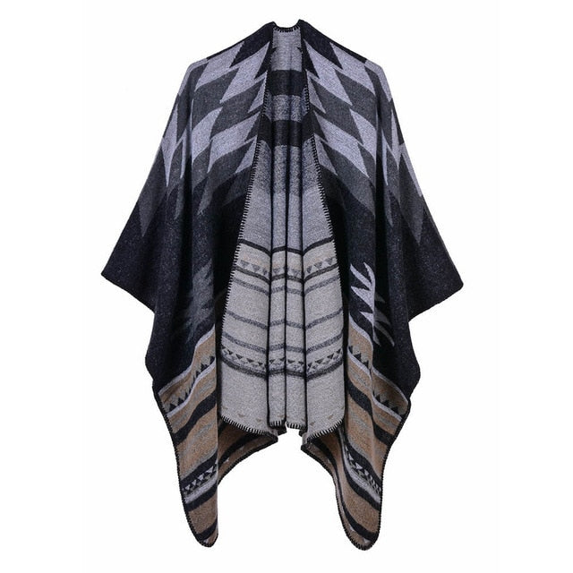 Geometric stripe poncho winter warm cape shawl wraps