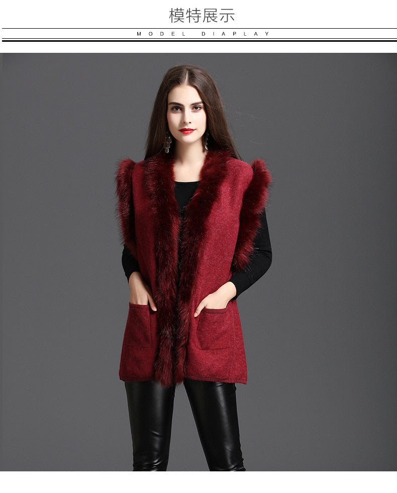 Autumn Winter New Style Street wear Women Patchwork Faux Fur Collar Sleeveless Vest Knitted Open Stitch Cardigan