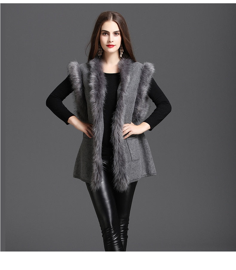 Autumn Winter New Style Street wear Women Patchwork Faux Fur Collar Sleeveless Vest Knitted Open Stitch Cardigan