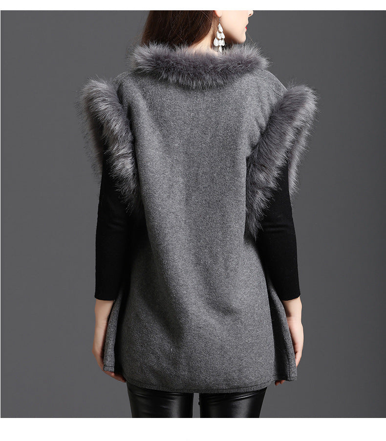 Autumn Winter New Style Street wear Women Patchwork Faux Fur Collar Sleeveless Vest Knitted Open Stitch Cardigan