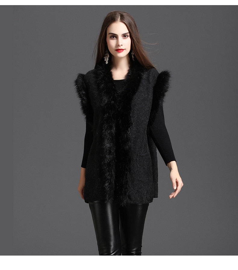 Autumn Winter New Style Street wear Women Patchwork Faux Fur Collar Sleeveless Vest Knitted Open Stitch Cardigan