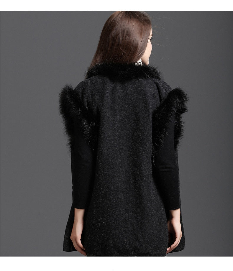 Autumn Winter New Style Street wear Women Patchwork Faux Fur Collar Sleeveless Vest Knitted Open Stitch Cardigan