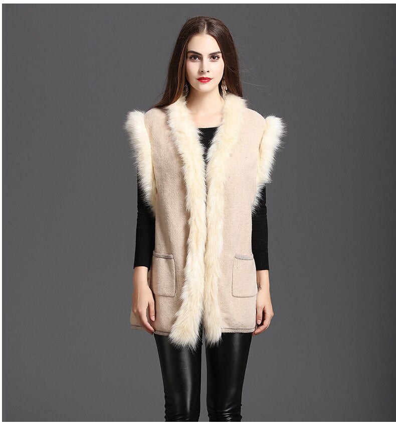 Autumn Winter New Style Street wear Women Patchwork Faux Fur Collar Sleeveless Vest Knitted Open Stitch Cardigan