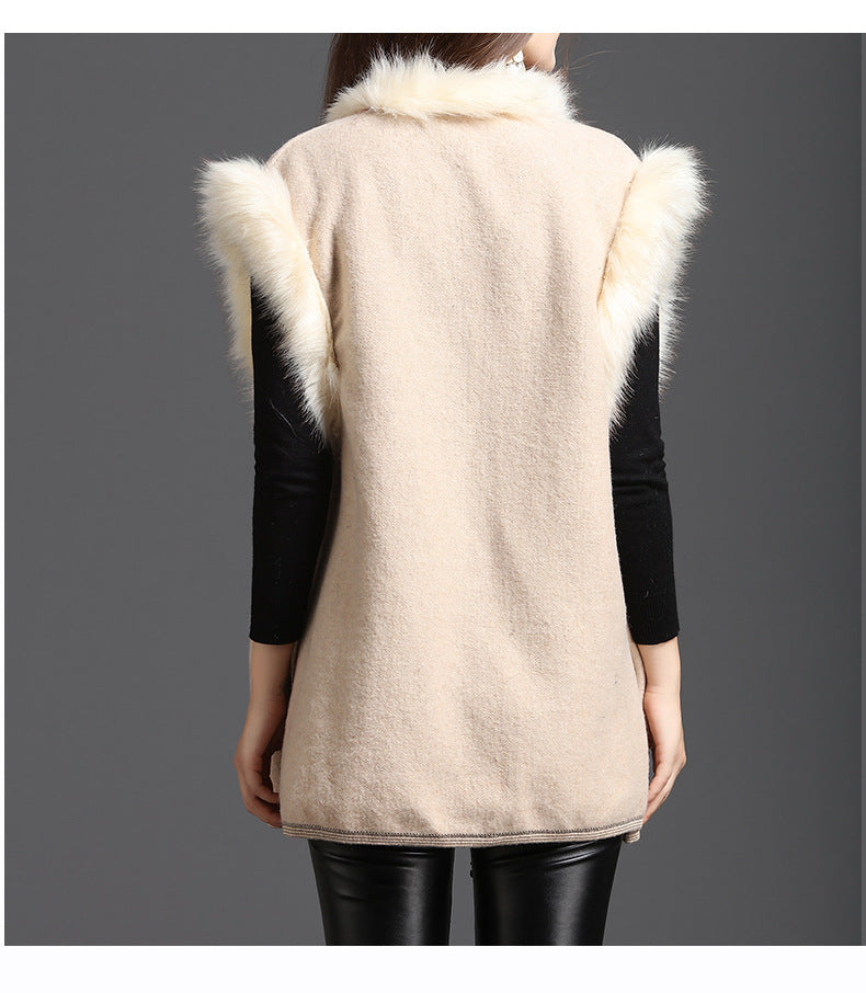 Autumn Winter New Style Street wear Women Patchwork Faux Fur Collar Sleeveless Vest Knitted Open Stitch Cardigan
