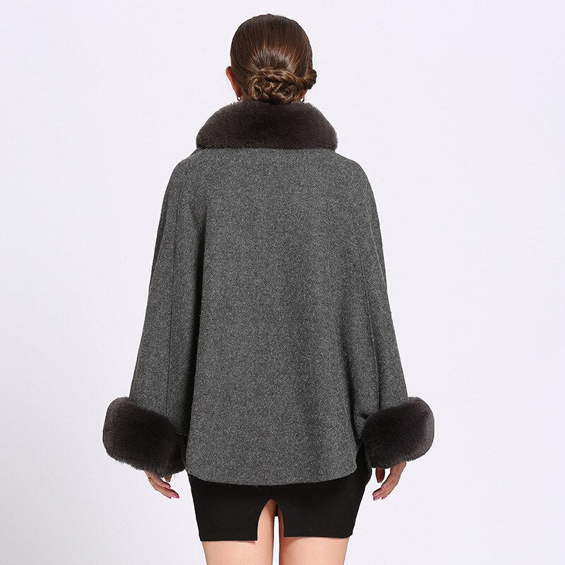 Women Faux Rabbit Fur Collar Cardigan Winter Warm Thick Long Batwing Sleeves Poncho Plus Size Ladies Hairy Coat