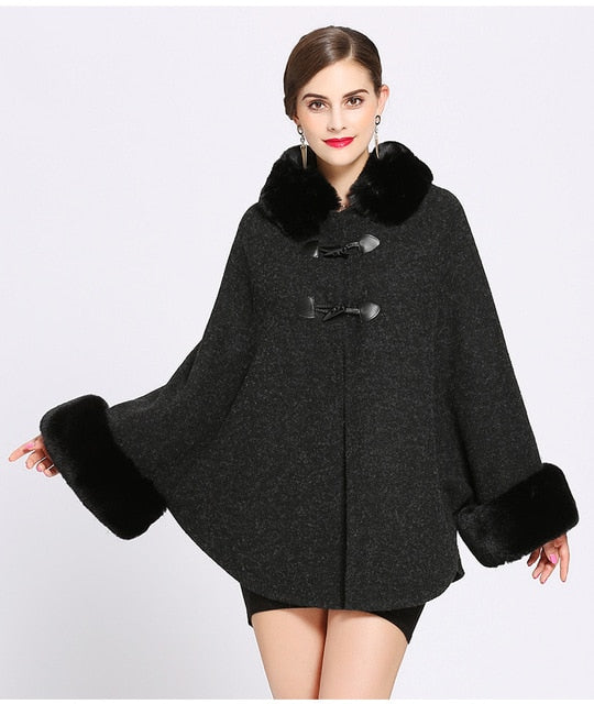 Women Faux Rabbit Fur Collar Cardigan Winter Warm Thick Long Batwing Sleeves Poncho Plus Size Ladies Hairy Coat