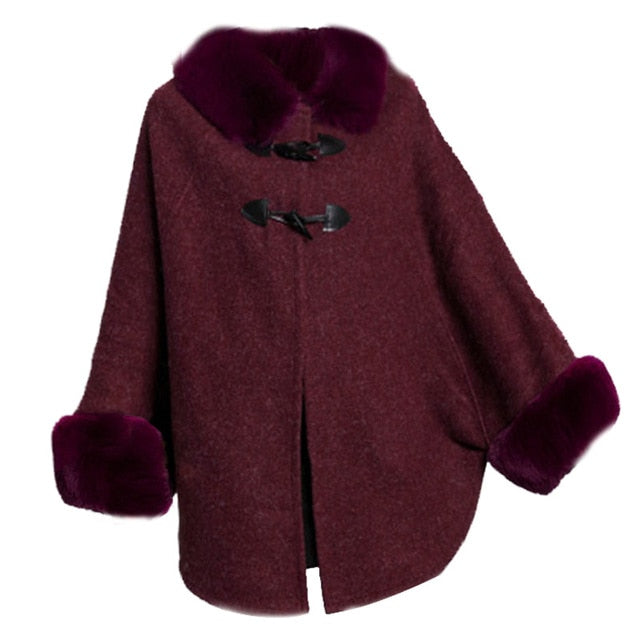 Women Faux Rabbit Fur Collar Cardigan Winter Warm Thick Long Batwing Sleeves Poncho Plus Size Ladies Hairy Coat