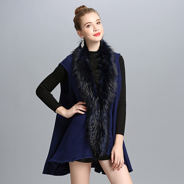 Fashion Shawl Solid Color Faux Fox Fur Knitted Vest Women Faux Fur Collar Cardigan Poncho Cape Sleeveless Sweater