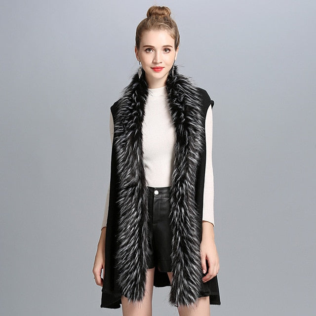 Fashion Shawl Solid Color Faux Fox Fur Knitted Vest Women Faux Fur Collar Cardigan Poncho Cape Sleeveless Sweater