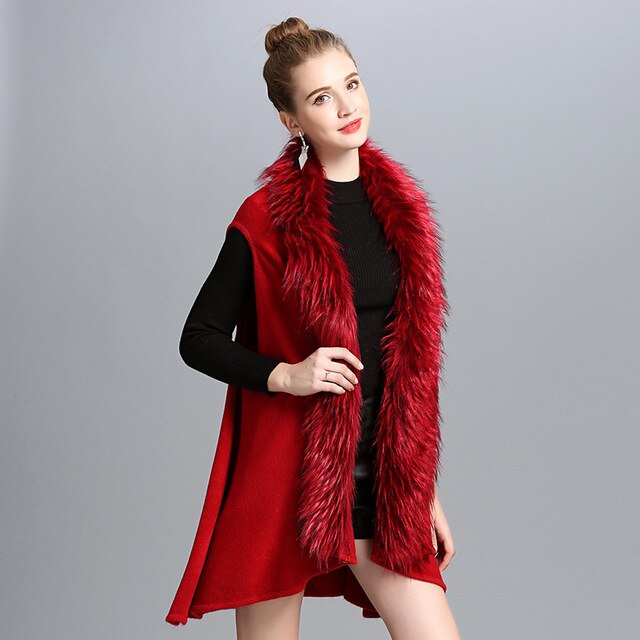 Fashion Shawl Solid Color Faux Fox Fur Knitted Vest Women Faux Fur Collar Cardigan Poncho Cape Sleeveless Sweater