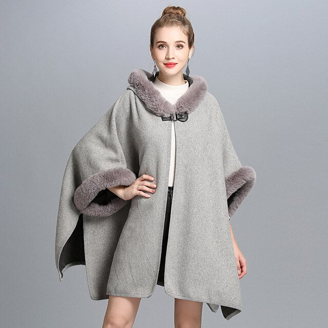 Winter Warm Plus Size Fashion Two Used Poncho Faux Shawl Women Cardigan Coat With Hat