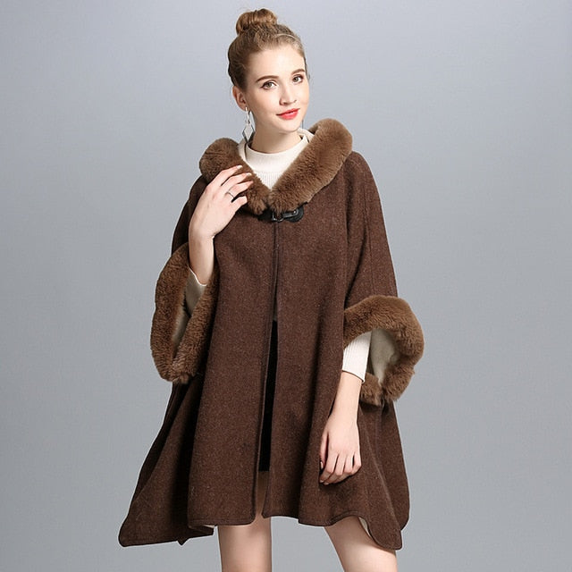 Winter Warm Plus Size Fashion Two Used Poncho Faux Shawl Women Cardigan Coat With Hat