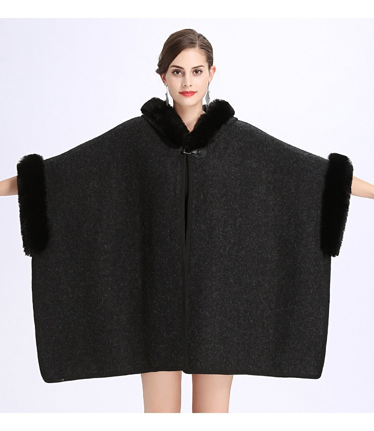 Winter Warm Plus Size Fashion Two Used Poncho Faux Shawl Women Cardigan Coat With Hat
