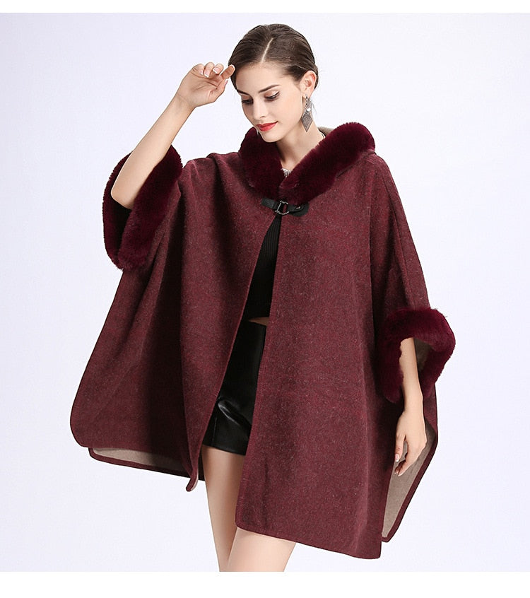 Winter Warm Plus Size Fashion Two Used Poncho Faux Shawl Women Cardigan Coat With Hat