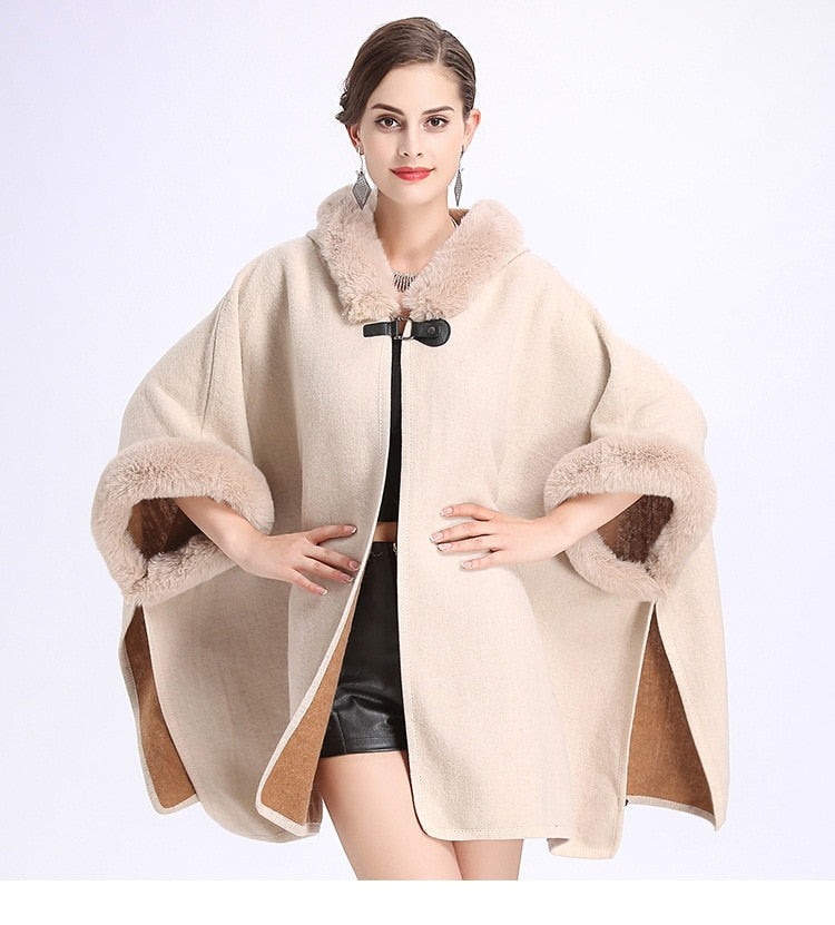 Winter Warm Plus Size Fashion Two Used Poncho Faux Shawl Women Cardigan Coat With Hat