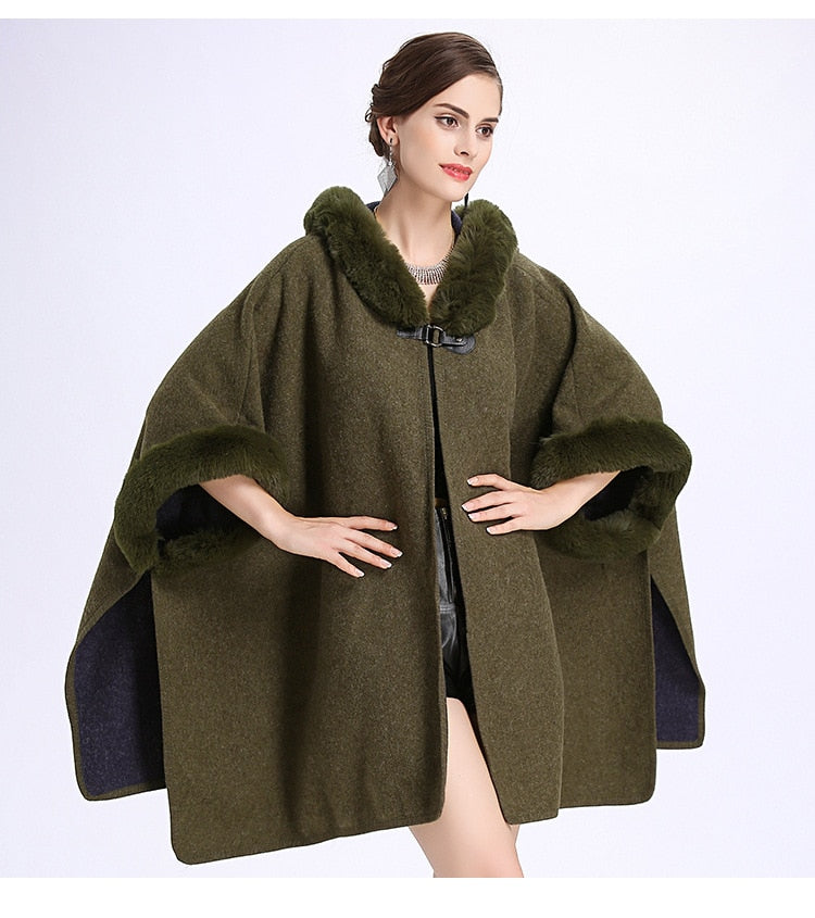 Winter Warm Plus Size Fashion Two Used Poncho Faux Shawl Women Cardigan Coat With Hat