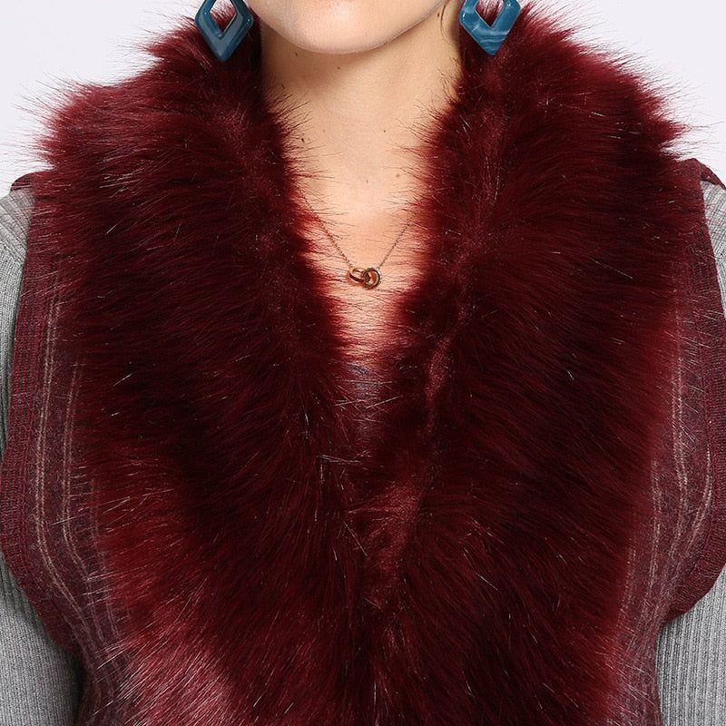 Oversize Coat Women Striped Designer Casual Vest Female Sleeveless Garment Knitted Cardigan Winter Faux Fur Neck Poncho
