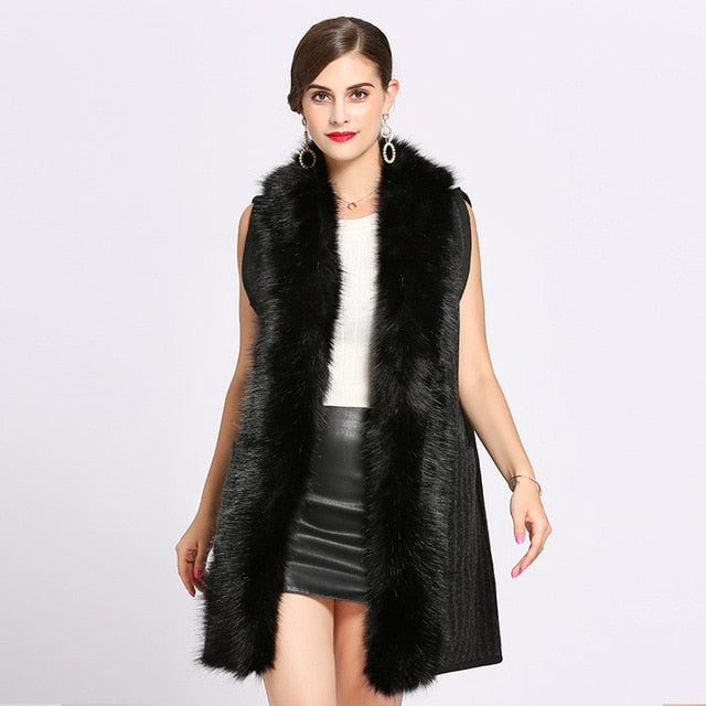Oversize Coat Women Striped Designer Casual Vest Female Sleeveless Garment Knitted Cardigan Winter Faux Fur Neck Poncho