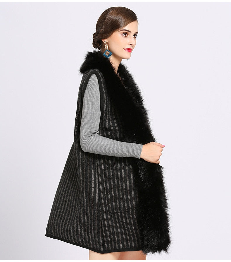 Oversize Coat Women Striped Designer Casual Vest Female Sleeveless Garment Knitted Cardigan Winter Faux Fur Neck Poncho