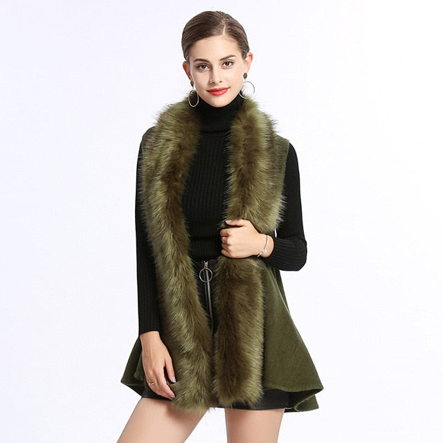 Female Faux Fur Christmas Coat Open Stitch Sleeveless Knitted Cardigans Winter Warm Thick Women Fur Neck Vest Coat