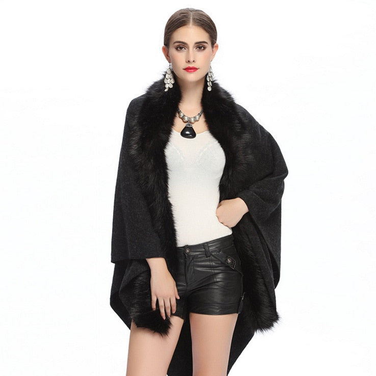 SC67 Womens Fake Fur Collar Back Long Poncho Cape Cardigan Bridal Wedding Dress Shawl Cape 2018 Winter Lady Wool Vest Fur Coat