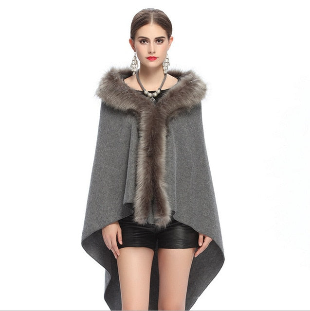 SC67 Womens Fake Fur Collar Back Long Poncho Cape Cardigan Bridal Wedding Dress Shawl Cape 2018 Winter Lady Wool Vest Fur Coat