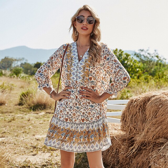 Spring Print Dress Women Casual Butterfly Sleeve V Neck Short Dress For Women Fashion Loose Summer Dress