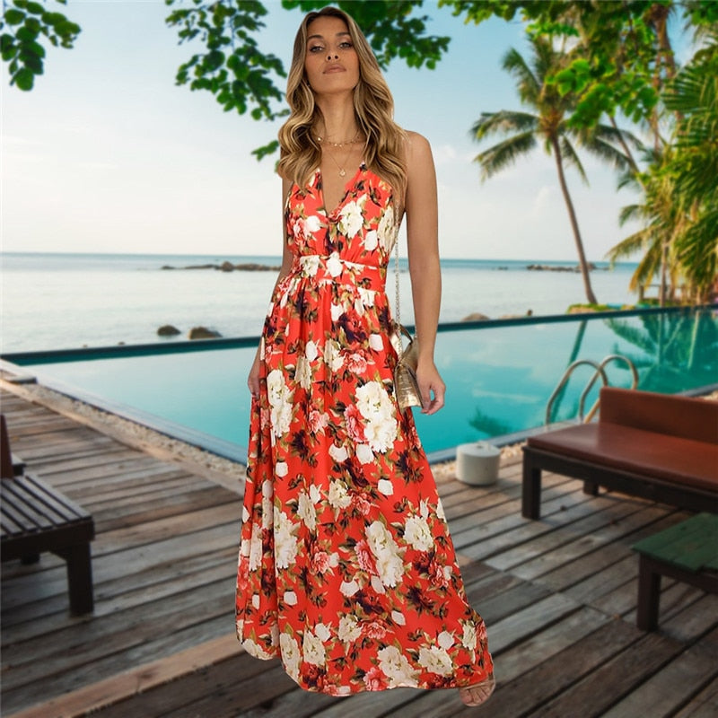 Spring Summer New Women's V Neck Suspender Dresses Sleeveless Hight Waist Floral Printed Long Dresses
