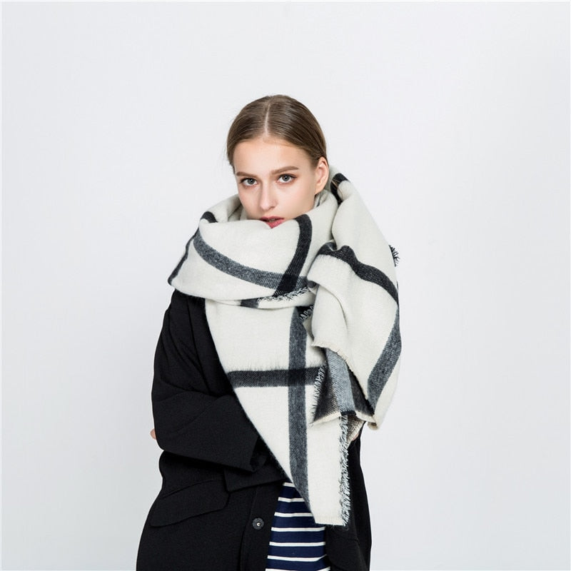 New black white tartan plaid cashmere scarves women winter thick warm blanket scarf lady brand shawl wraps super large