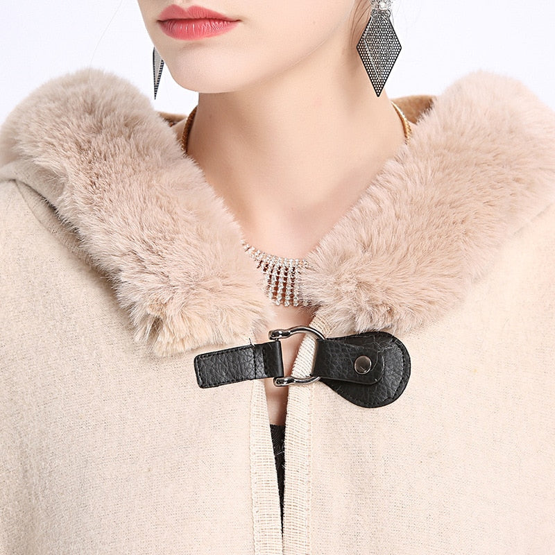 SC127 2018 Winter Warm Plus Size Fashion Two Used Poncho Faux Cashmere Shawl Women Imitation Rabbit Fur Cardigan Coat With Hat