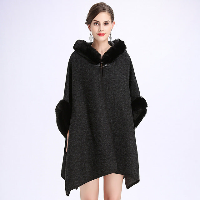 SC127 2018 Winter Warm Plus Size Fashion Two Used Poncho Faux Cashmere Shawl Women Imitation Rabbit Fur Cardigan Coat With Hat